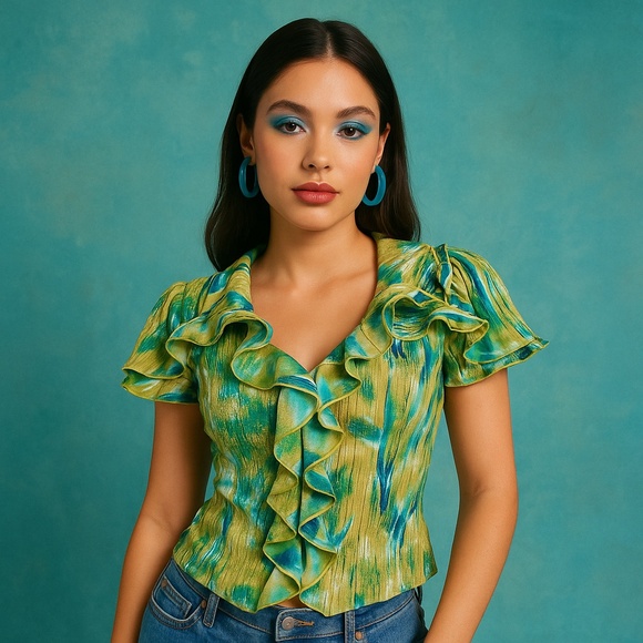 Y2K Abstract Ruffle Blouse Flutter Sleeve Short Sleeve Button Down - Picture 1 of 8